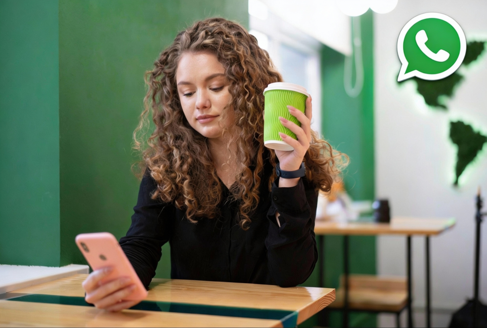 Mulher usando o WhatsApp no celular enquanto segura um copo de café, representando vendas, atendimento e comunicação com clientes pelo WhatsApp.Mulher usando o WhatsApp no celular enquanto segura um copo de café, representando vendas, atendimento e comunicação com clientes pelo WhatsApp.