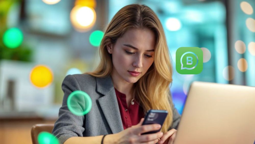 Empreendedora usando WhatsApp Pay no celular enquanto trabalha com notebook para receber pagamentos online