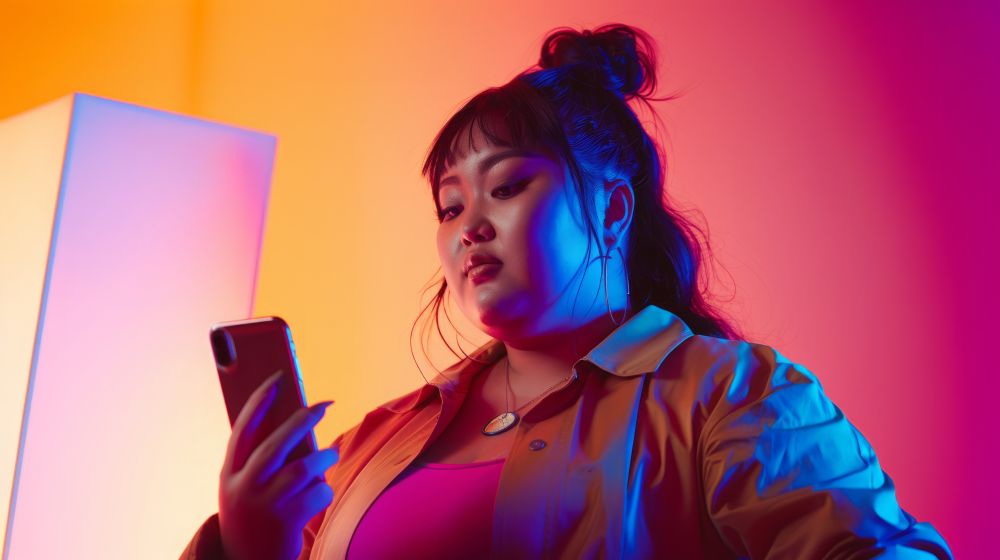 Criadora de conteúdo usando o celular sob luzes coloridas, representando estratégias para descobrir os melhores horários para postar no TikTok.