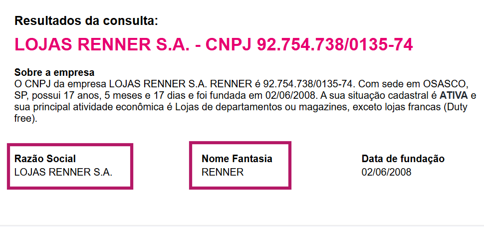 Exemplo de Razão Social vs. Nome Fantasia - Lojas Renner