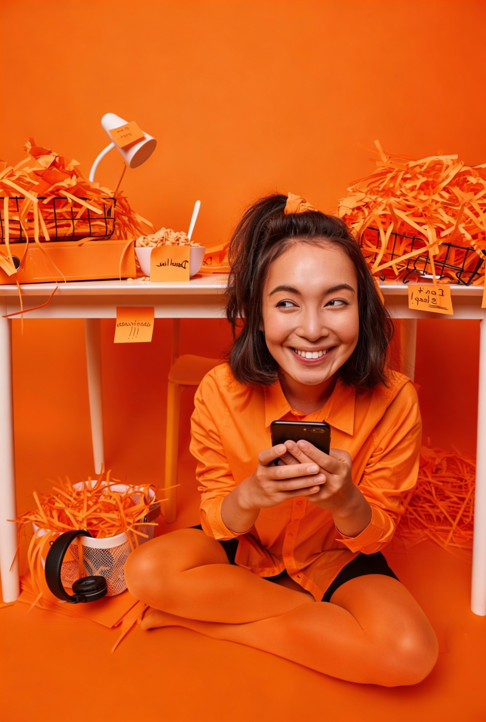 Empreendedora usando o celular para gerenciar vendas online em marketplace, com produtos organizados ao fundo, representando gestão de loja na Shopee.