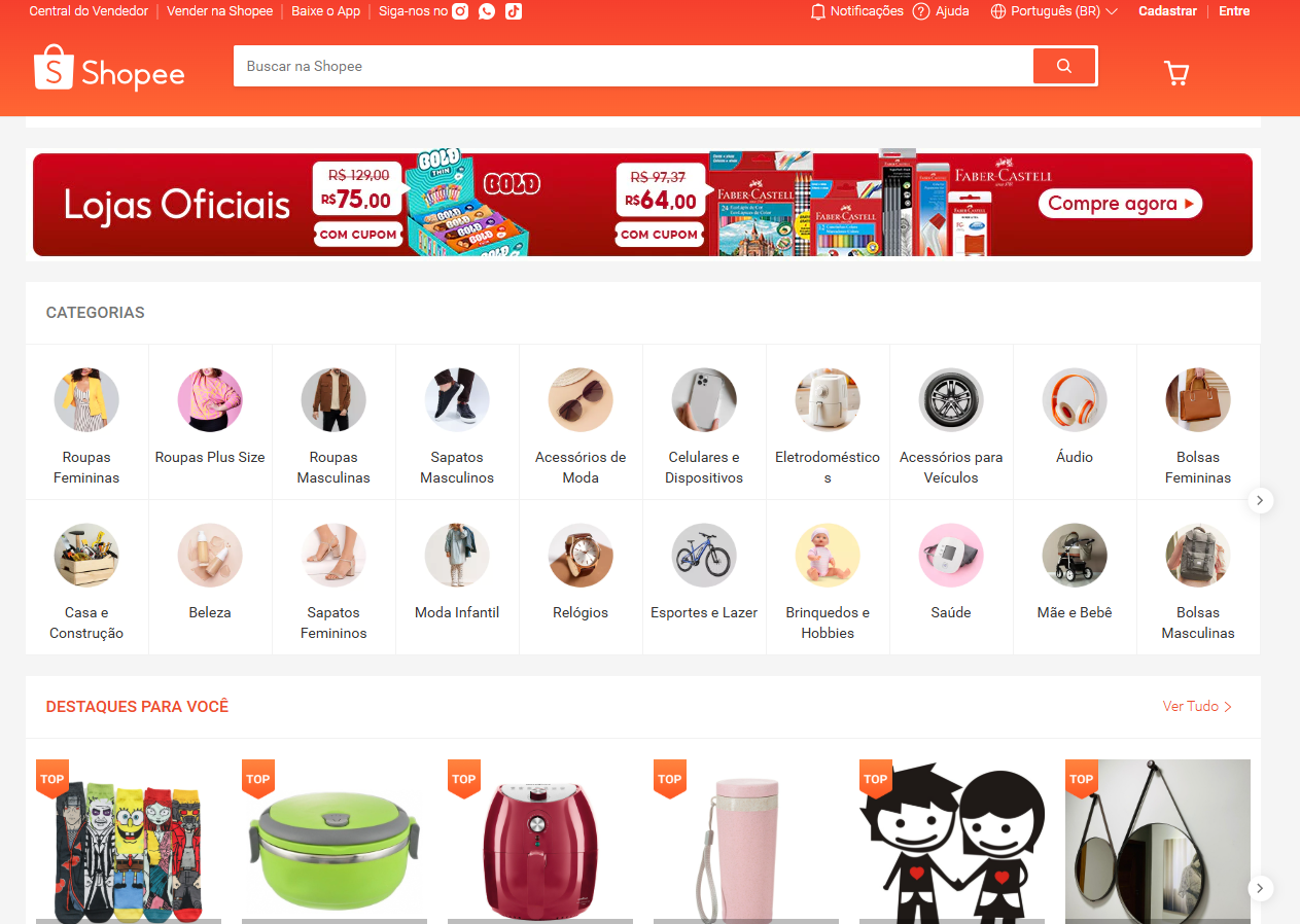 Painel da Shopee no desktop