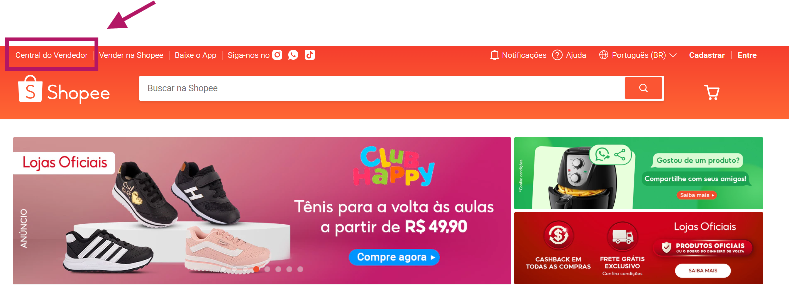Passo 1 : Central do vendedor shopee