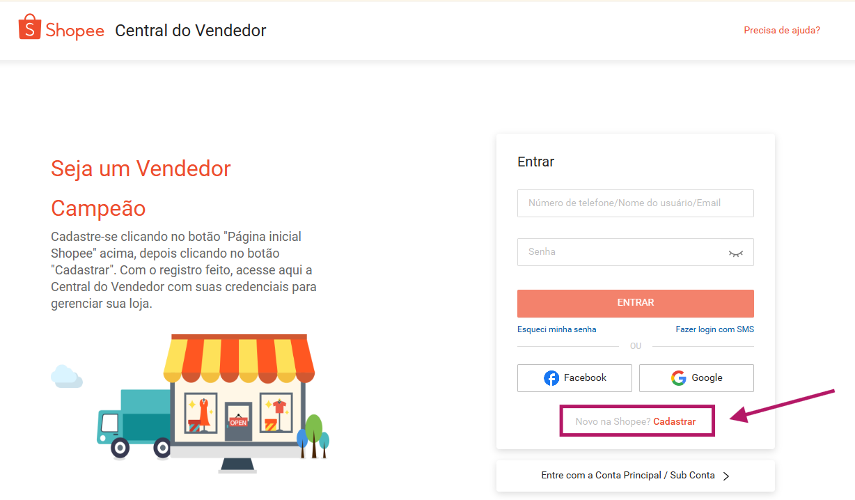 passo 2: criar conta na central do vendedor shopee