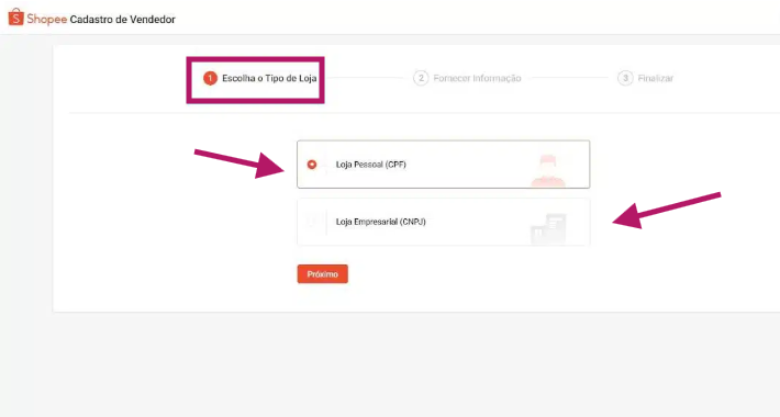 passo 3: escolher o tipo de loja na shopee