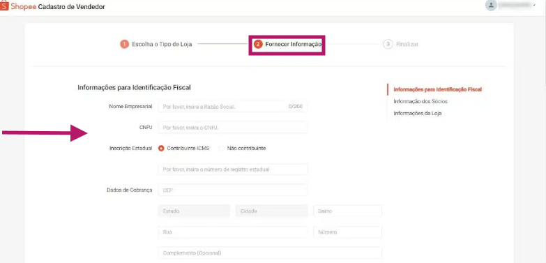 Passo 4: fornecer dados para a shopee