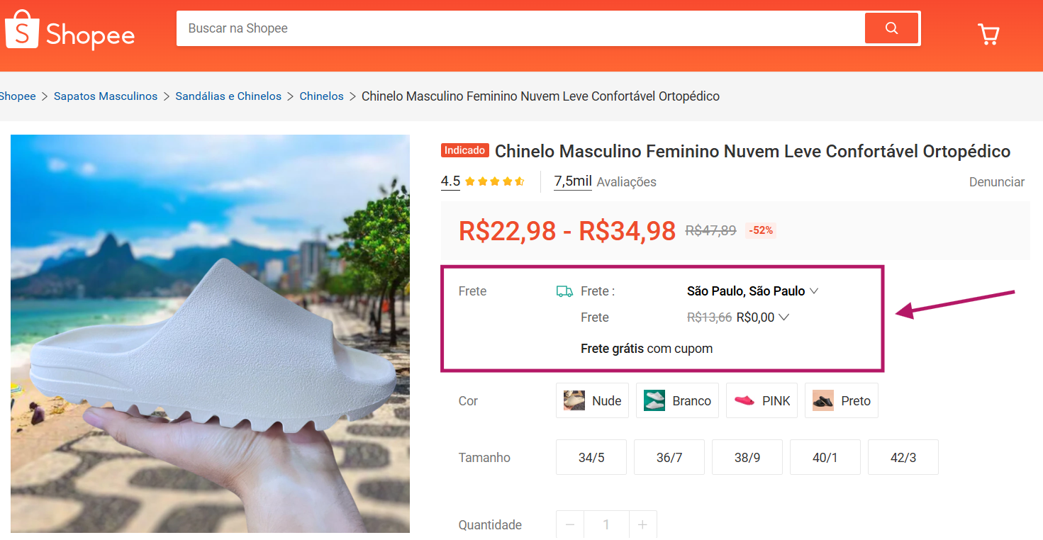 Frete em produto publicado na shopee