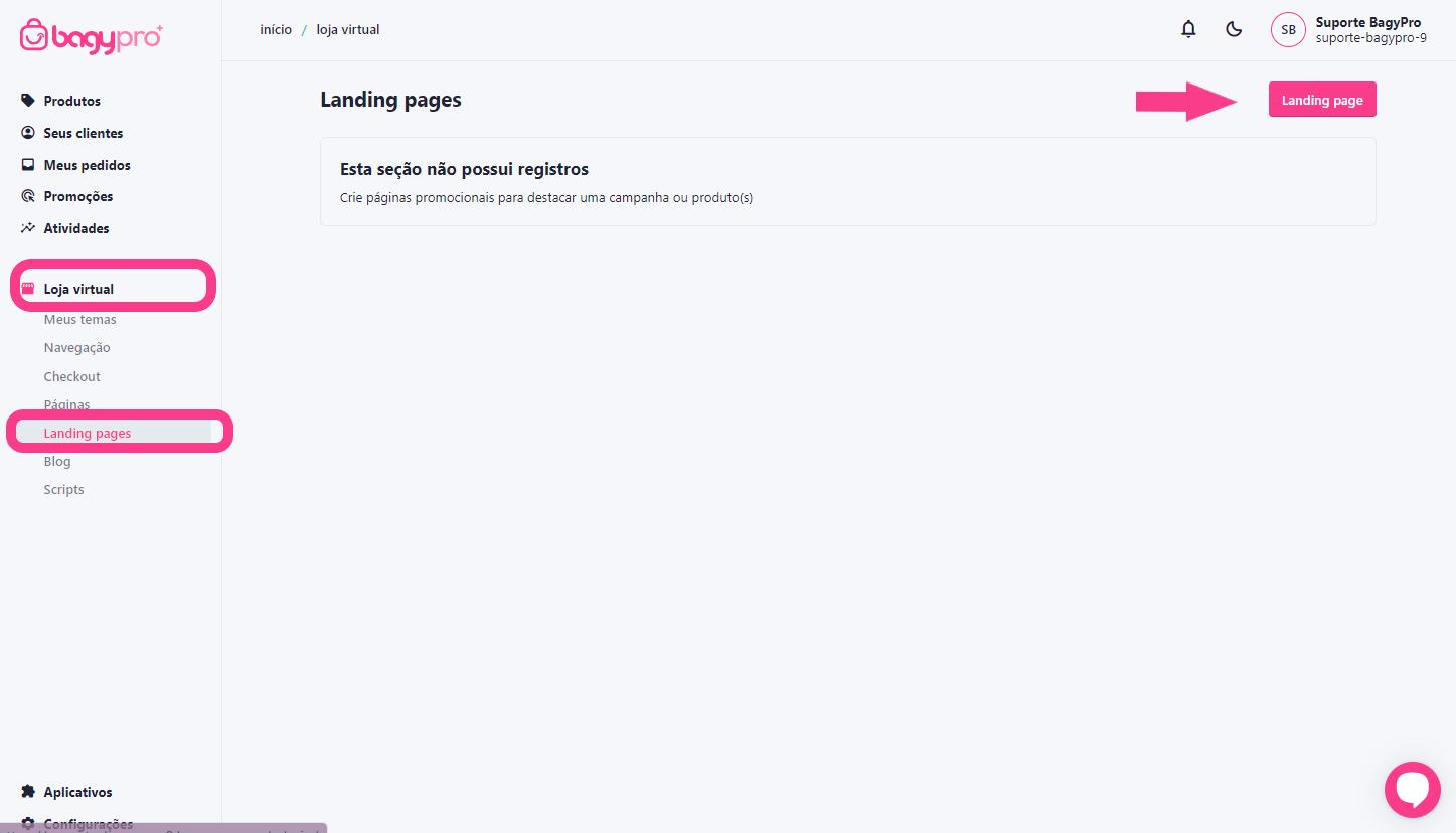 1- Acesse o menu Loja Virtual clique em Landing Page

2- Clique em Adicionar Landing Page.