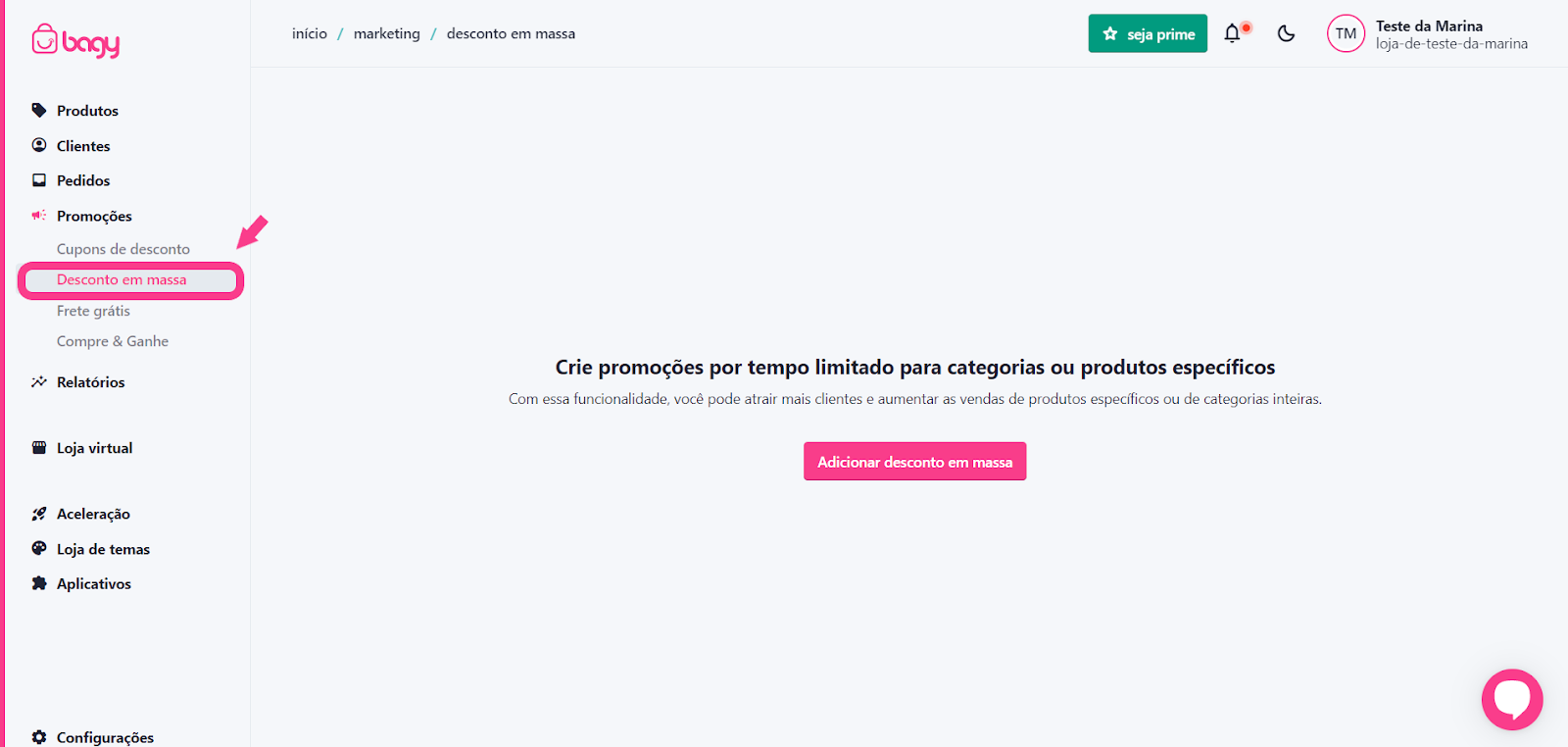 Acesse o menu Marketing, depois clique em Desconto em Massa.Acesse o menu Marketing, depois clique em Desconto em Massa.