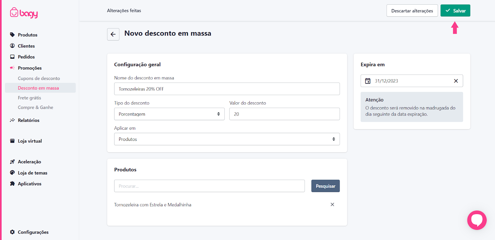 Após preencher todas as informações necessárias, clique em Salvar para ativar o desconto em massa.