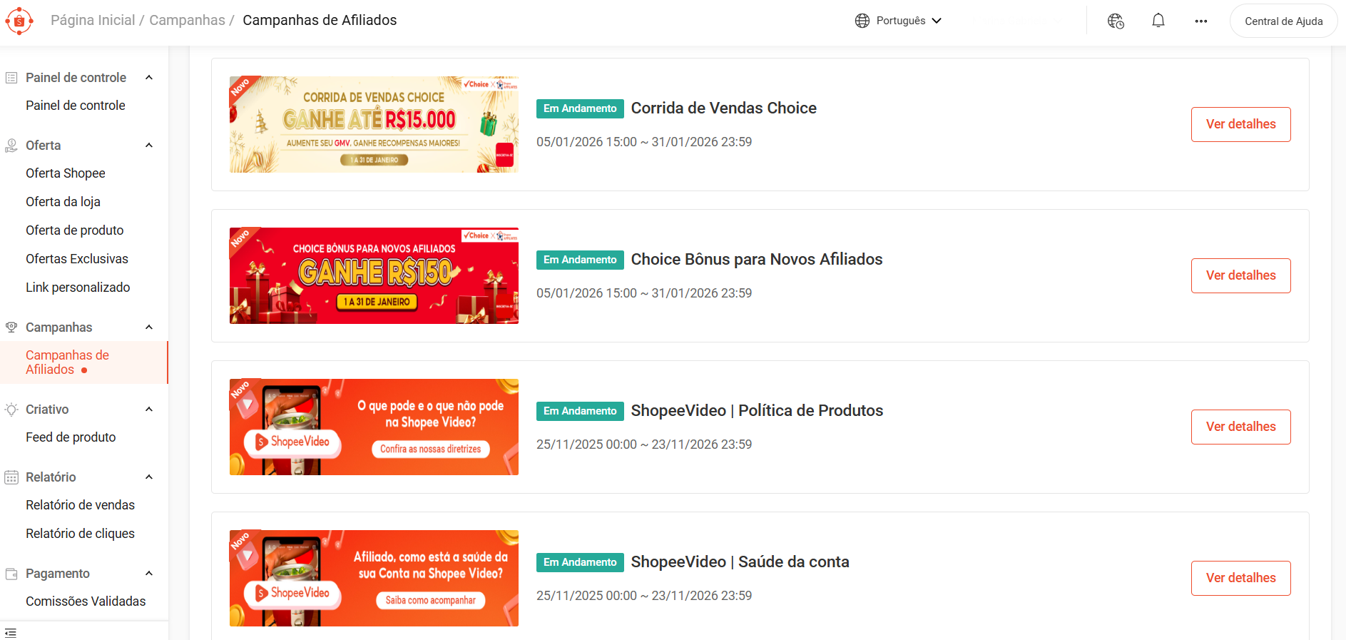 Painel de campanhas de afiliados