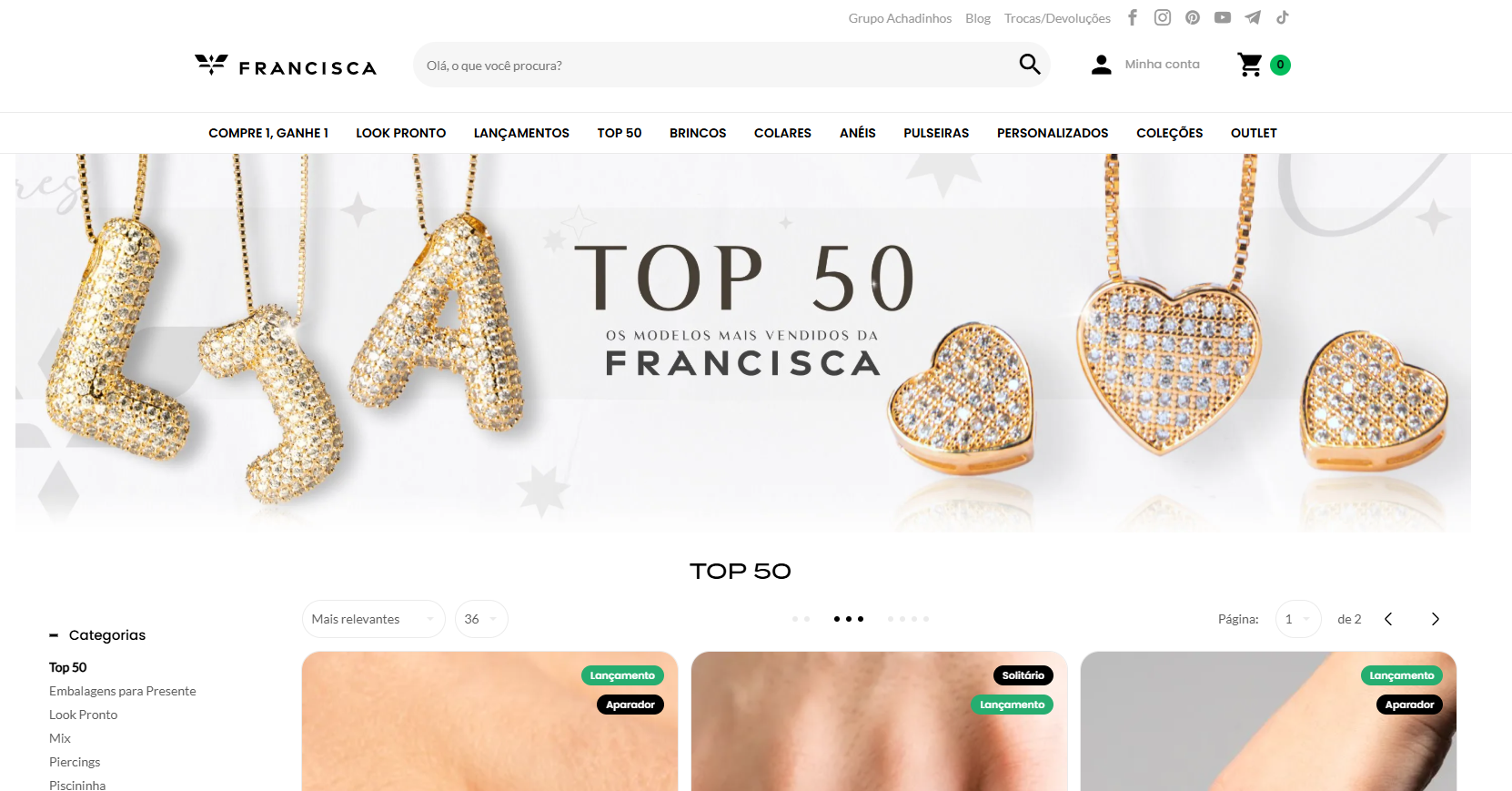 Exemplo destaque de produtos mais vendidos - Loja Francisca Joias