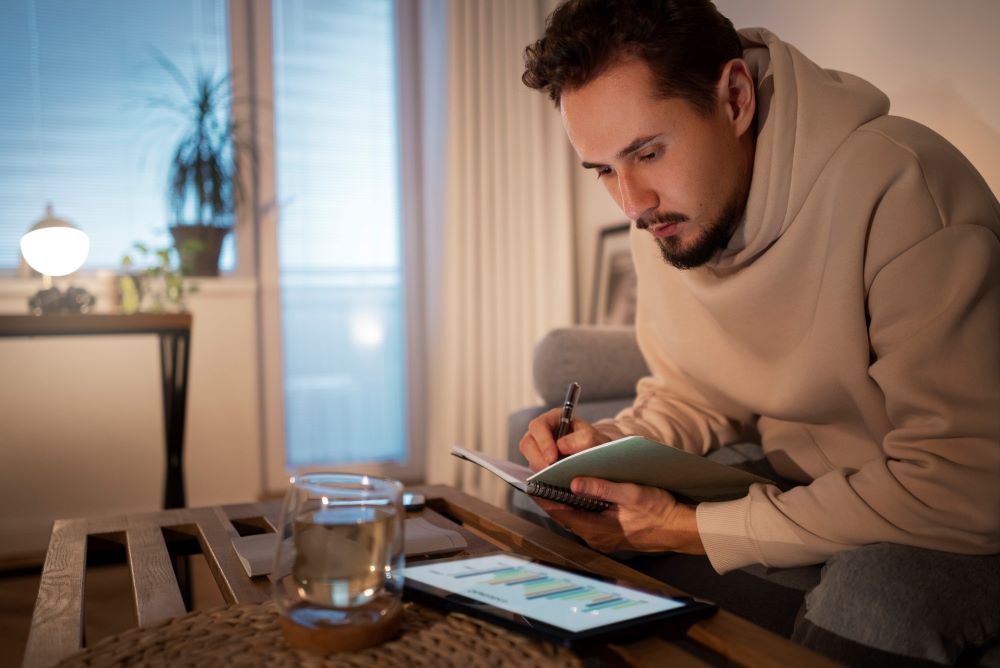 Homem concentrado anotando informações em um caderno, com gráficos exibidos em um tablet, representando planejamento estratégico ou organização, ideal para temas como calendário comercial ou gestão de negócios.