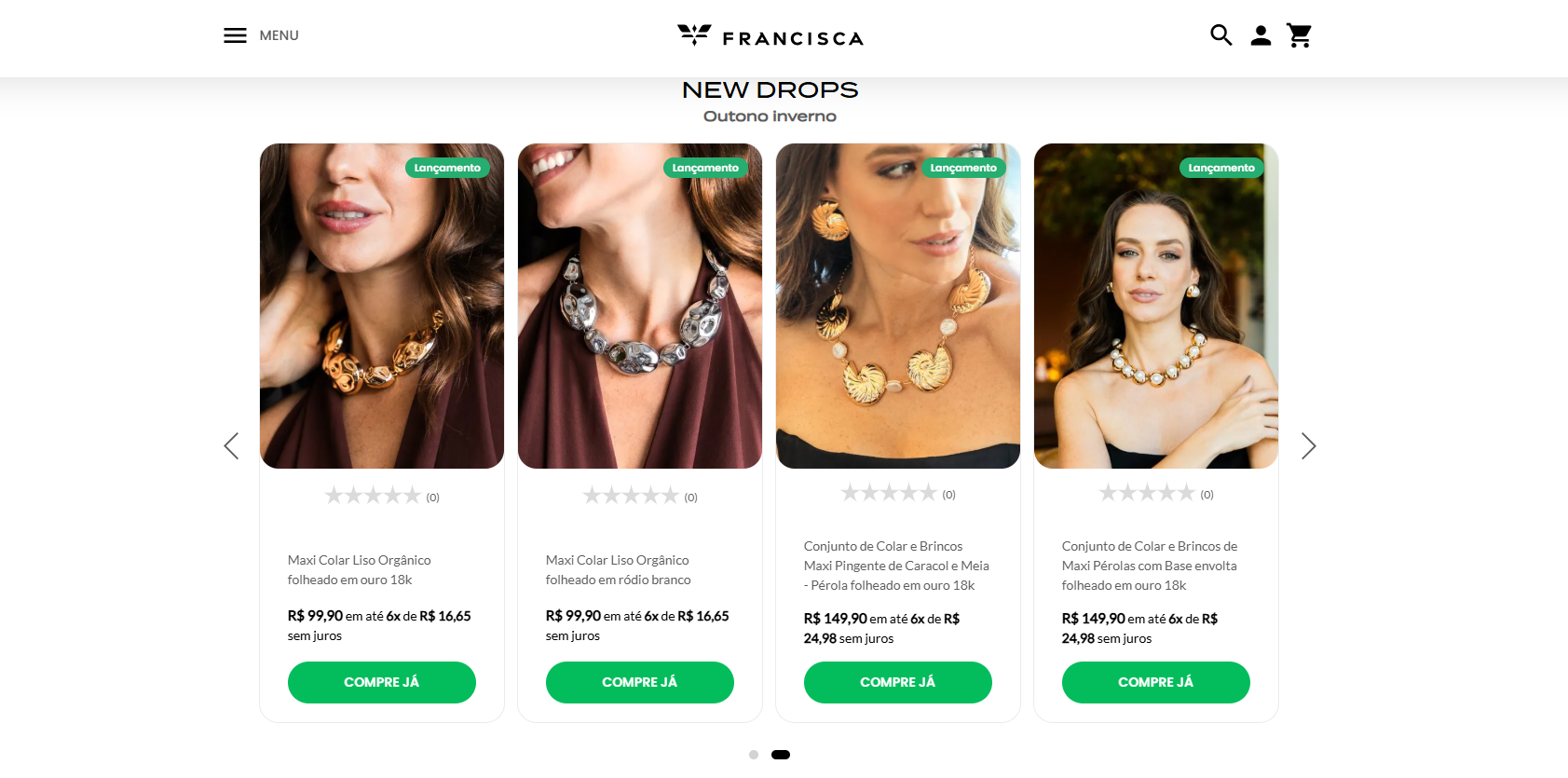 Site da Francisca Joias — utilizando a Bagy como plataforma de e-commerce.