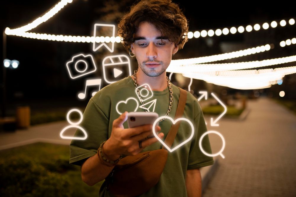 Jovem usando smartphone à noite com ícones digitais flutuantes, representando o algoritmo do Instagram e a interação nas redes sociais.