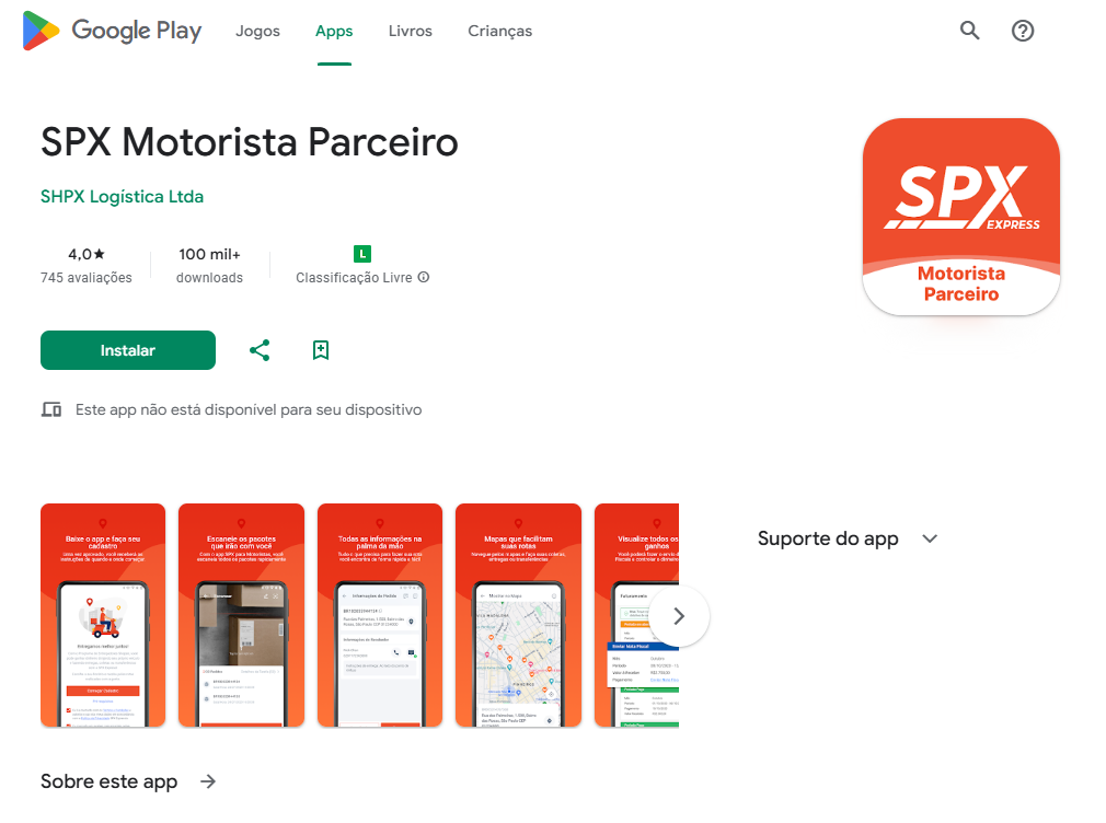 Exemplo do aplicativo: Motorista Parceiro Shopee na google play, indicando como se tornar um entregador da shopee.