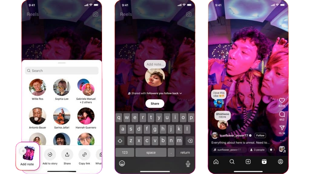 Exemplos de diferença entre storys e notas do Instagram
