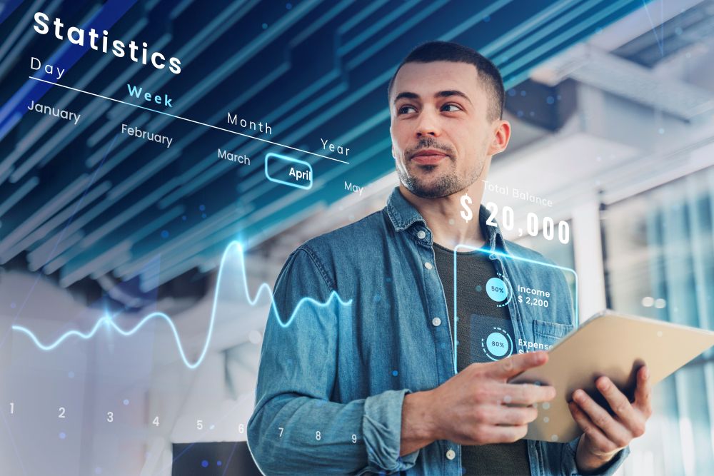 Empreendedor analisando gráficos financeiros em tablet, representando a contabilidade para dropshipping e gestão de resultados.