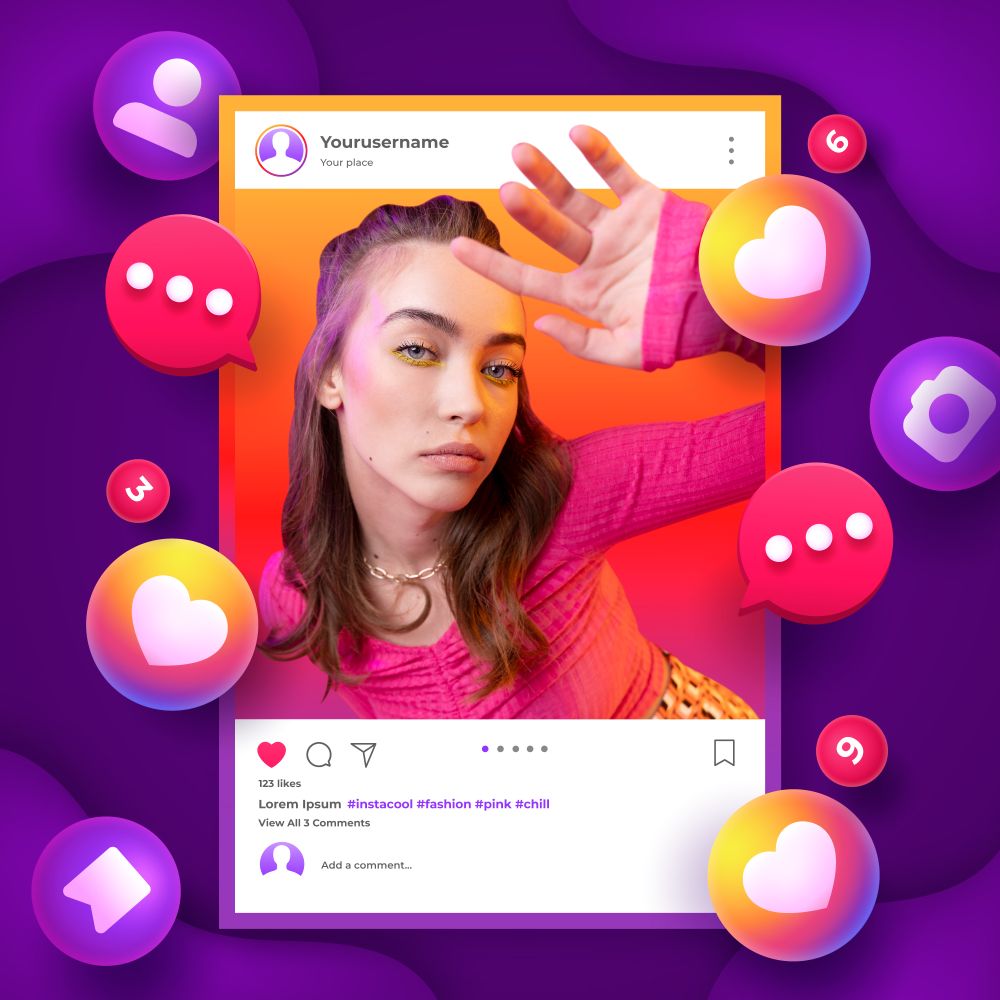 Imagem ilustrativa sobre o que postar no Instagram, com influenciadora em destaque e ícones de curtidas, comentários e stories ao redor