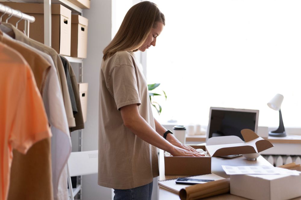 Empreendedora embalando pedidos em home office, ilustrando a rotina de venda e envio de produtos para dropshipping.