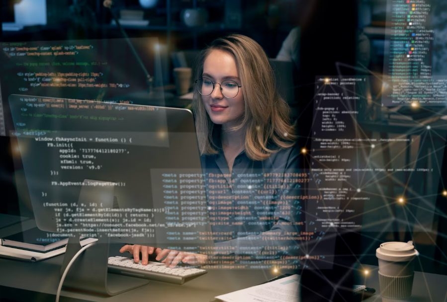 Profissional analisando sistemas no computador, representando diferentes tipos de ERP utilizados na gestão de empresas e lojas virtuais.