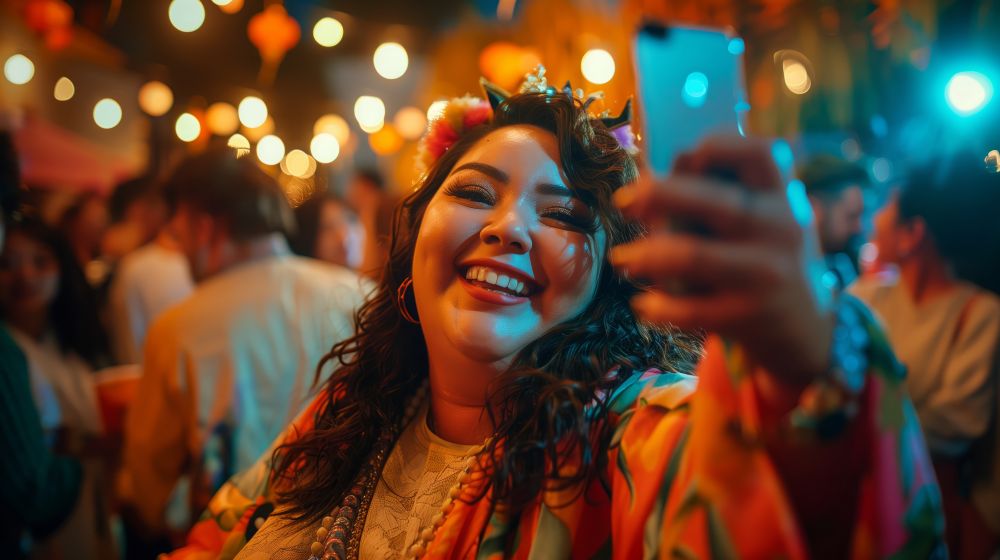 Influenciadora sorrindo enquanto tira uma selfie, representando a criação de conteúdo no TikTok Shop e o engajamento de seguidores para vendas.