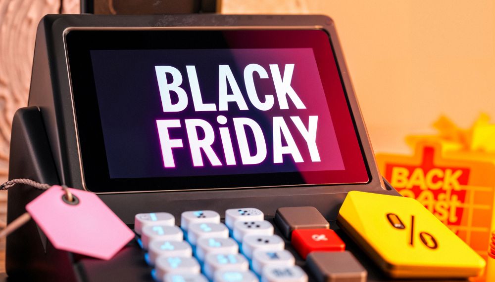 Tela de caixa registradora exibindo Black Friday, simbolizando automação com ERP para evitar erros de estoque e atrasos no e-commerce
