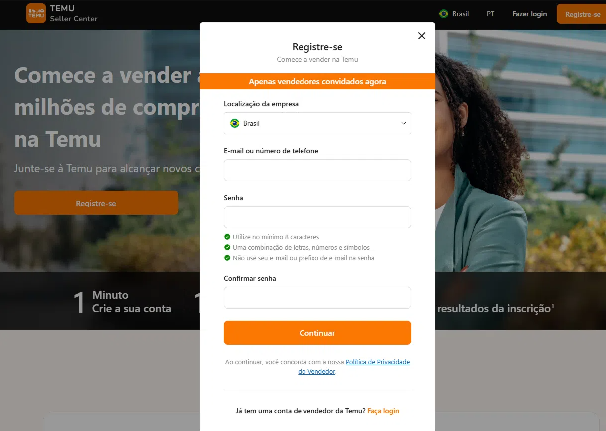 como vender na temu - criar conta de vendedor