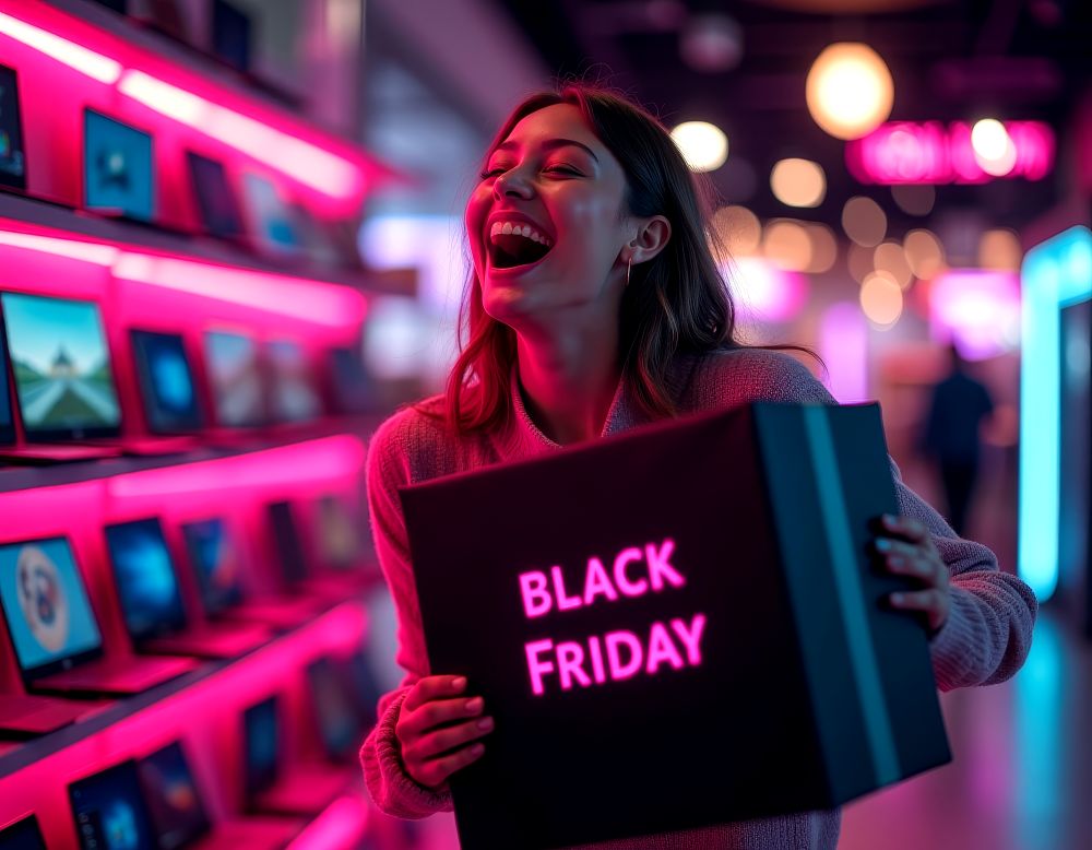 Mulher feliz segurando caixa de compras Black Friday em loja iluminada, simbolizando sucesso com promoções e descontos atrativos