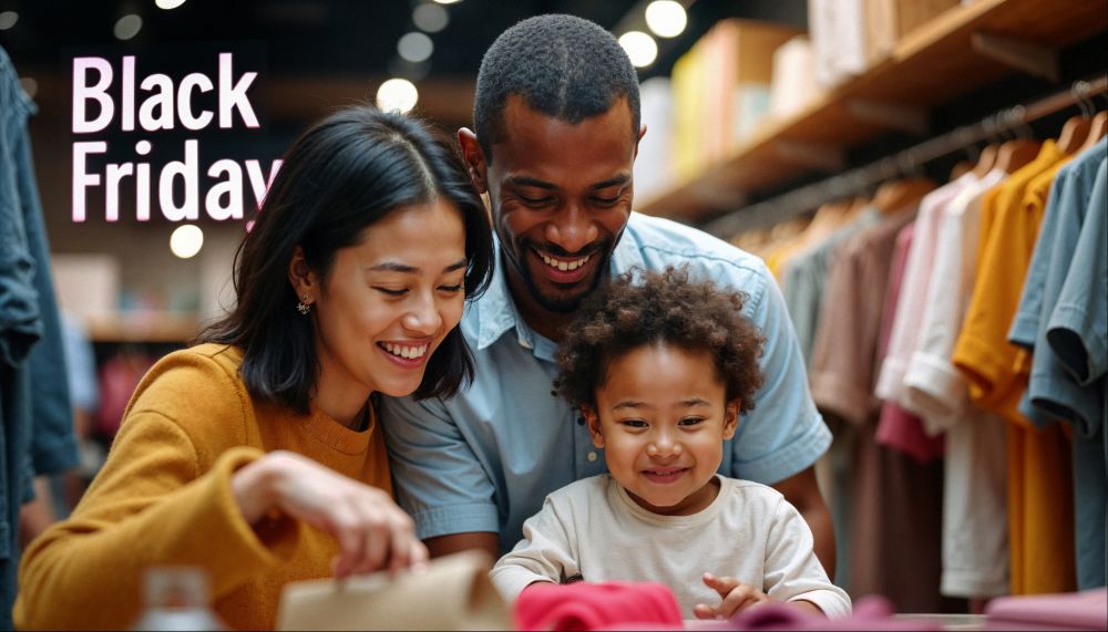 Família fazendo compras em loja durante a Black Friday, representando a importância de evitar erros estratégicos que comprometem a experiência do consumidor.
