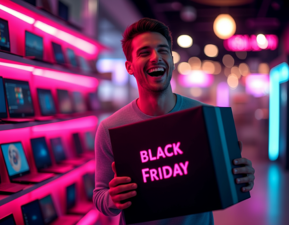 Homem sorridente segurando uma caixa com o letreiro "Black Friday" em uma loja iluminada por luzes neon, simbolizando empolgação pelas ofertas e estratégias como kits e combos para aumentar o ticket médio durante a Black Friday.