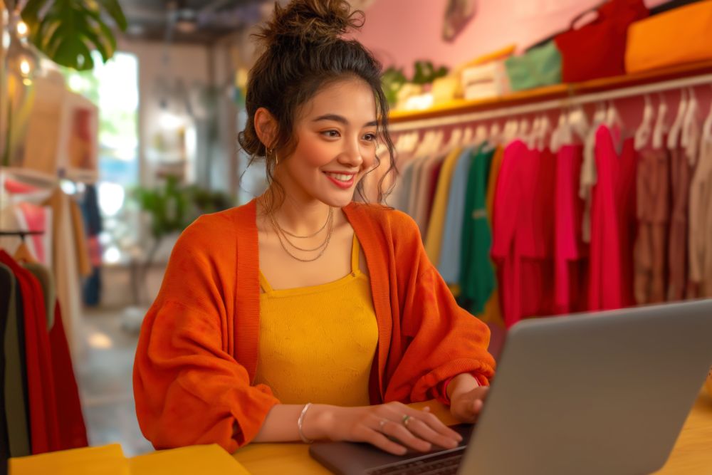 Mulher sorridente usando notebook em loja de roupas colorida, representando vendas online e marketplaces como a Temu