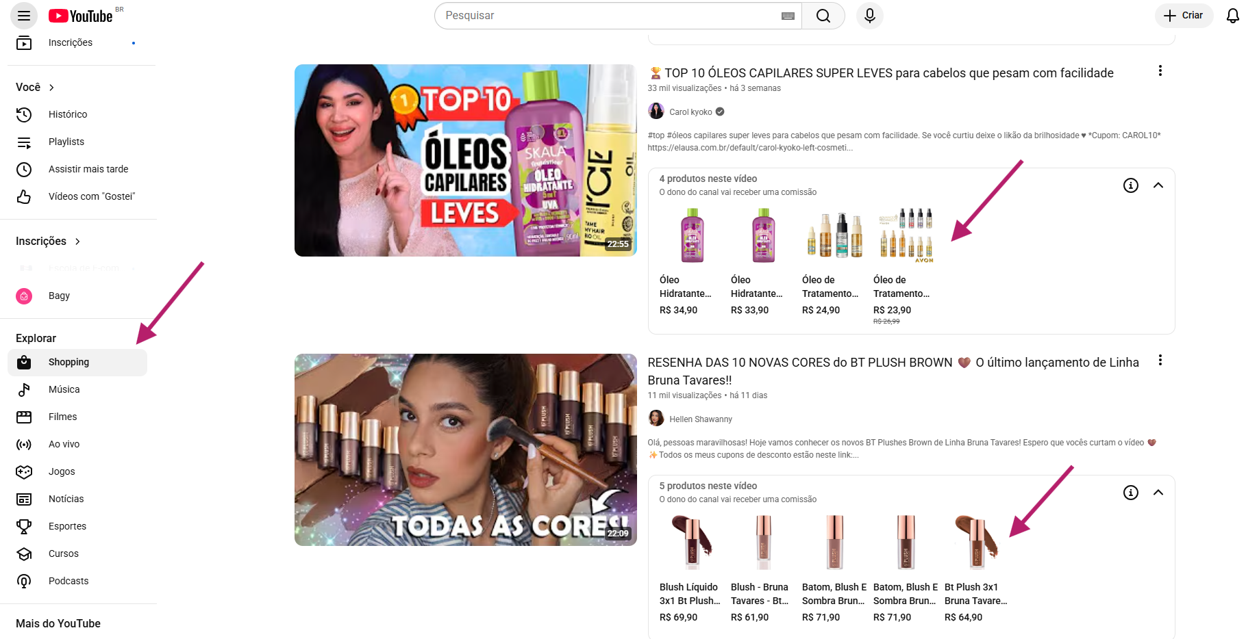YouTube Shopping na prática