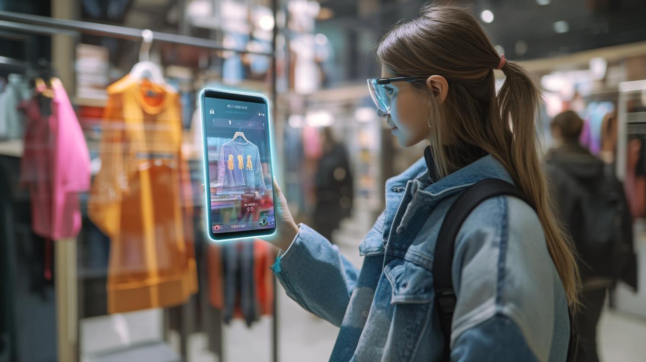 Jovem usando tablet com interface holográfica para visualizar roupas em realidade aumentada, representando o uso de IA e ChatGPT Shopping no e-commerce.