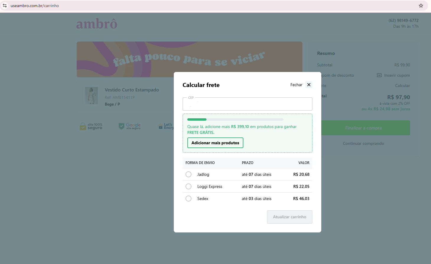 Exemplo de frete grátis para a black friday