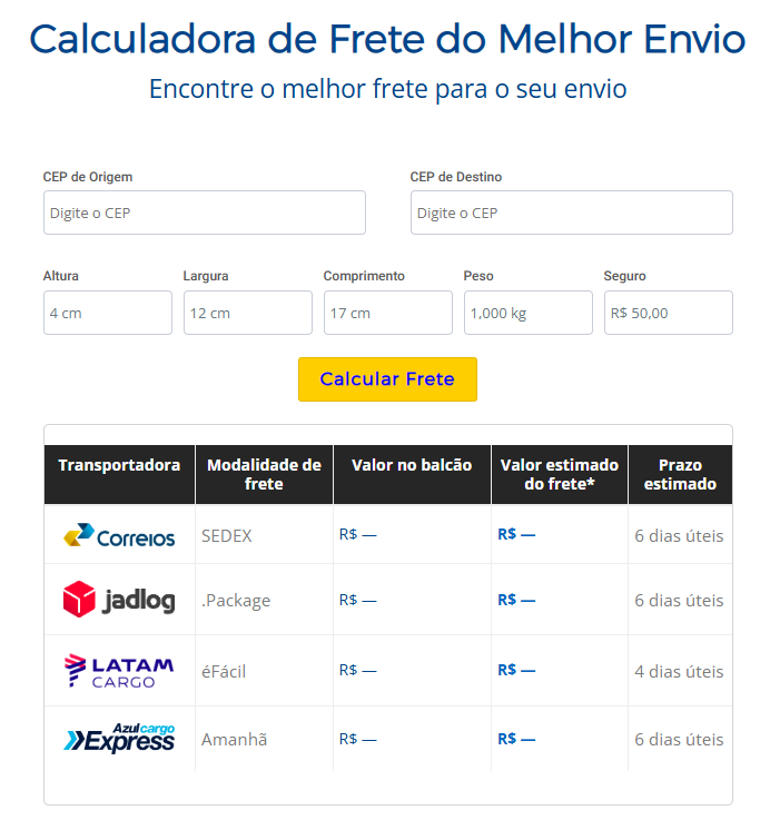 Exemplo de como funciona o melhor envio