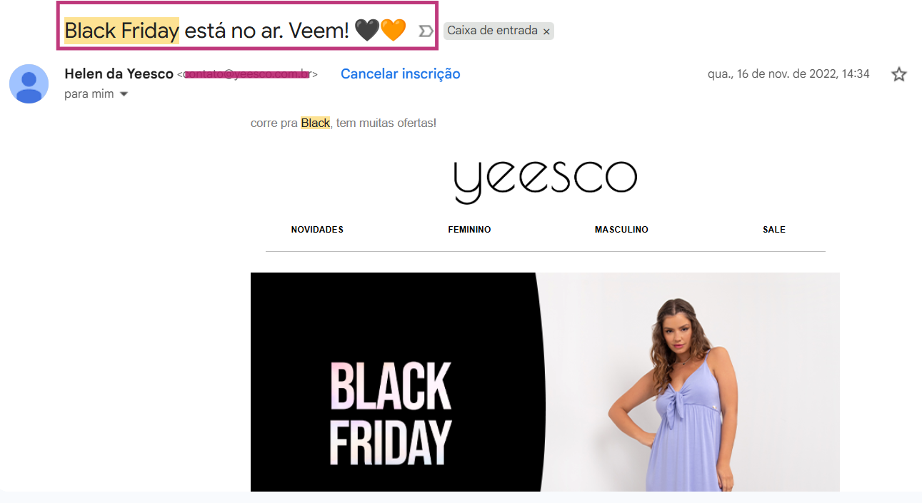 Exemplo de e-mail para lançamento da oferta de Black Friday