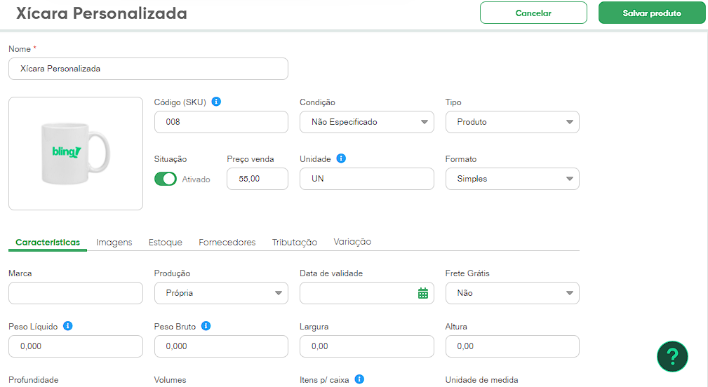 Exemplo do painel de ERP para cadastro de estoque de produto - Bling