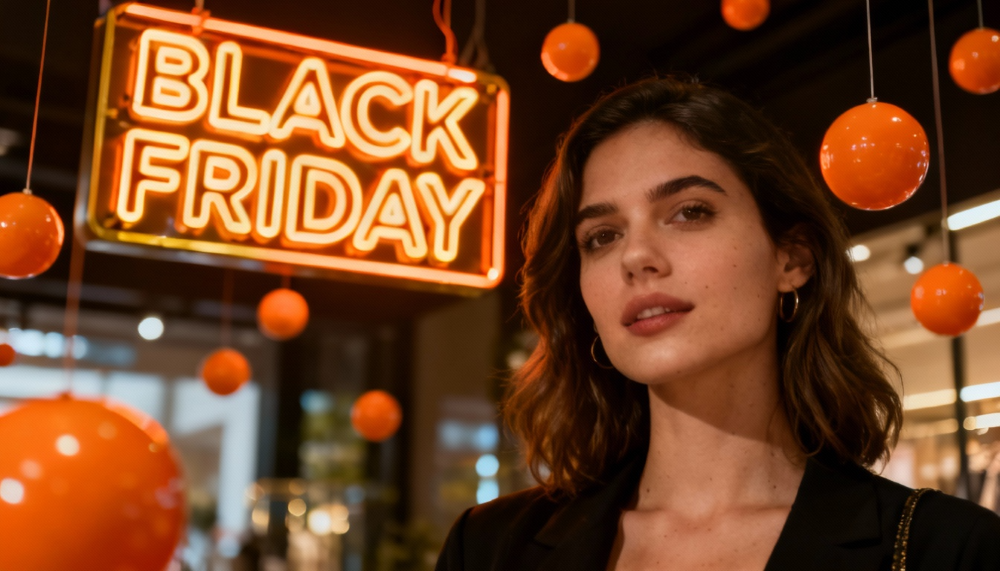 Mulher em loja decorada com letreiro luminoso de Black Friday, simbolizando campanhas de e-mail marketing e promoções no varejo.