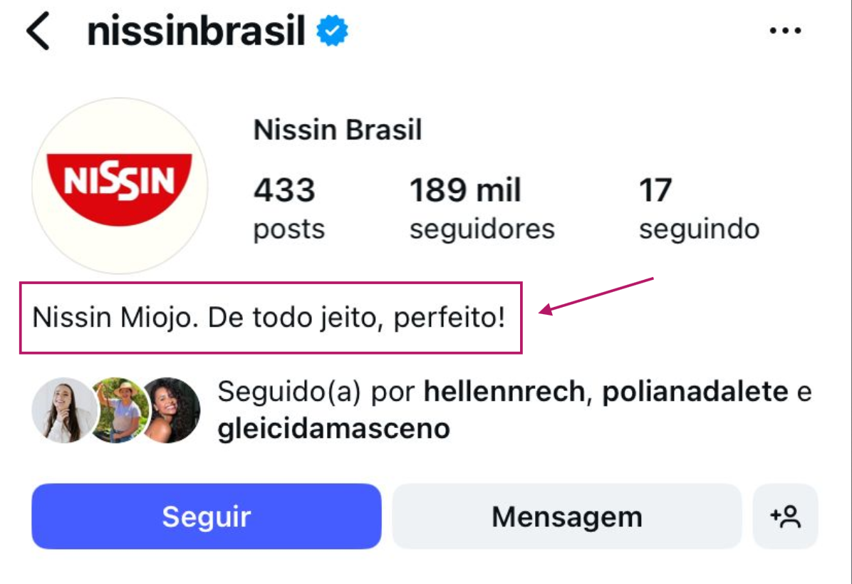 Exemplo de frase na bio clara e objetiva que transmite a mensagem que a marca quer passar