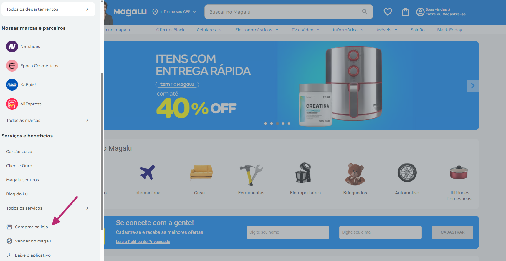 Exemplo de campanhas integradas, no qual o cliente pode localizar a loja física mais próxima através do site