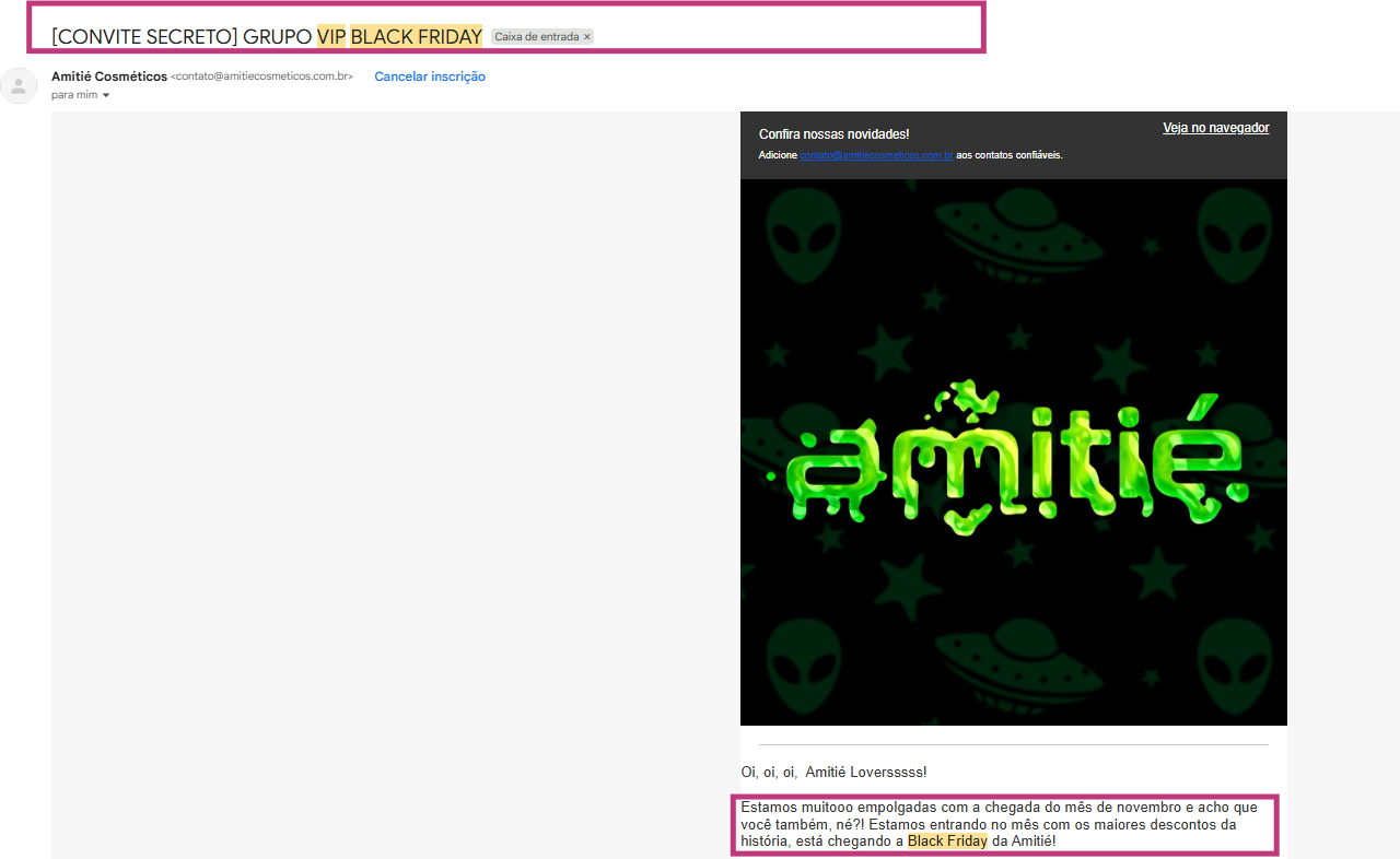 Exemplo de e-mail com acesso VIP a descontos na Black Friday - Loja Amitié