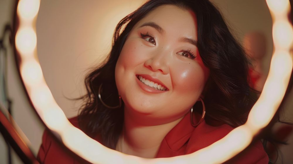 Criadora de conteúdo sorrindo diante de um ring light enquanto grava vídeo para o TikTok, representando influenciadora produzindo conteúdo para monetização.