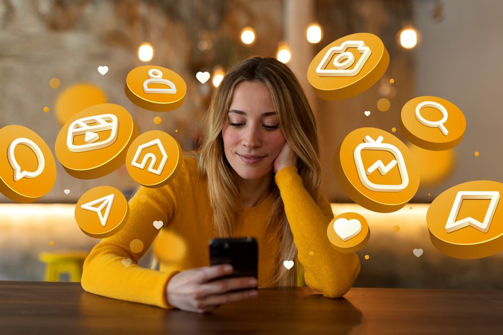 Mulher usando smartphone com ícones do Instagram ao redor, representando uso de aplicativos para organizar feed, planejar posts e aumentar engajamento.