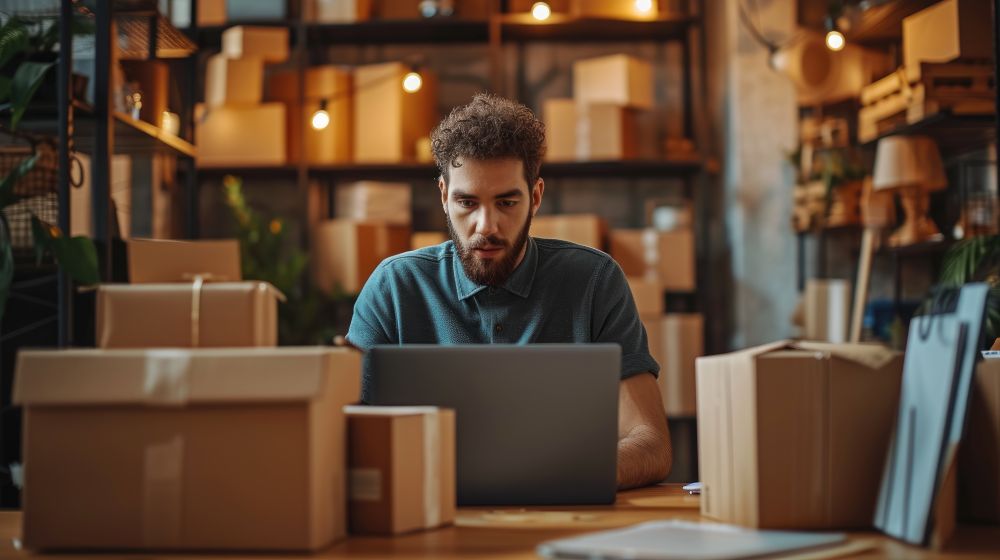 Empreendedor gerenciando loja de dropshipping no notebook cercado por caixas de envio em ambiente de e-commerce